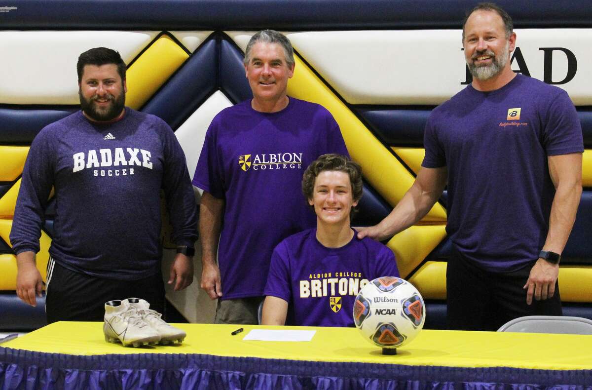Bad Axe graduate and Hatchet boys soccer MVP Liam Boyle signed a letter of intent on Thursday morning in the Bad Axe High School gymnasium to attend and play soccer for Albion College.