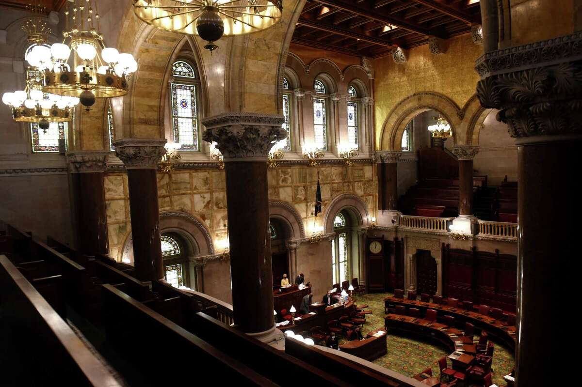 The New York State Senate Chamber is seen from the viewing balcony during the last scheduled day of the 2021 legislative session on Thursday, June 10, 2021, at the Capitol in Albany, N.Y. The Capitol featured prominently in Season 6 of "Billions." (Will Waldron/Times Union)