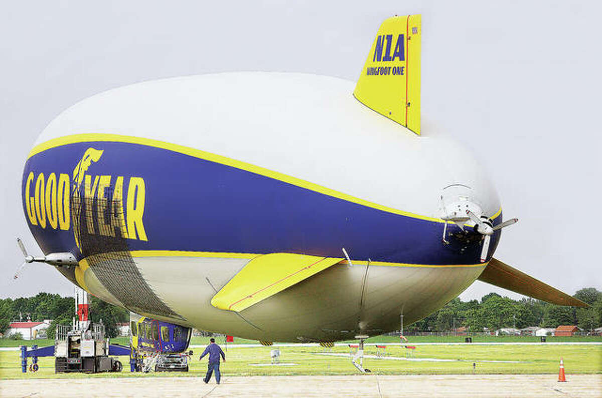 The Goodyear airship, Wingfoot One, bounces around on its tether this week at St. Louis Regional Airport in Behtalto. The airship is accompanied by several truckloads of support equipment and personel. It most recently was flying over the PGA Memorial Tournament in Dublin, Ohio, last weekend.