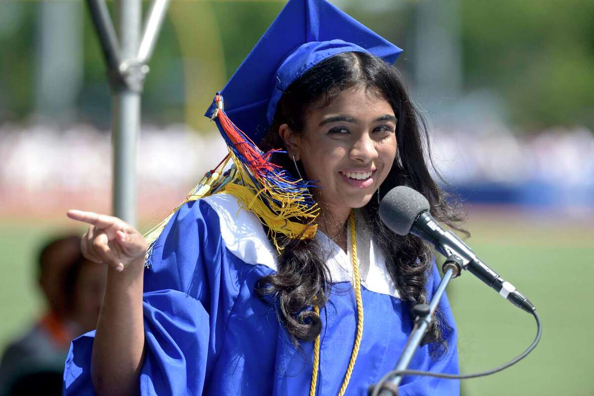 Aleena Sara Jacob gives a student speaker speech, "Our Gameplay", during the Danbury High School Class of 2021 Commencement Exercises. Thursday, June 10, 2021, at Danbury High School, Danbury, Conn.