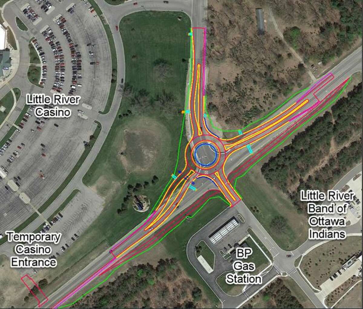 This shows how traffic will flow after a proposed roundabout is constructed at the intersection of M-22 and U.S. 31 in Manistee Township in 2022.