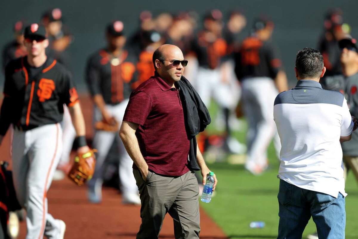 SCOTTSDALE, AZ - FEBRUARY 18: General Manager Farhan Zaidi of the San Francisco Giants looks on during a workout on Tuesday, February 18, 2020 at Scottsdale Stadium in Scottsdale, Arizona. (Photo by Alex Trautwig/MLB Photos via Getty Images)