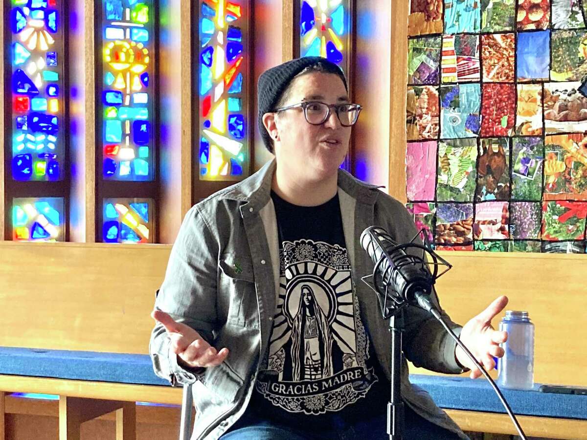 Bishop-elect Megan Rohrer meets at the Grace Evangelical Lutheran Church with Peter Hartlaub and Heather Knight to record the Total SF podcast.