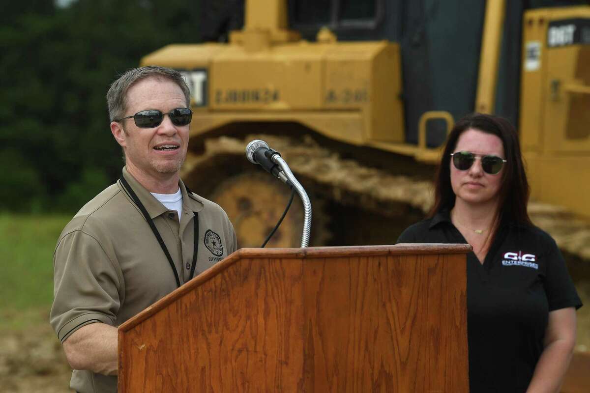 Superintendent Jay Killgo comments as members of Vidor ISD's school board and representatives from G&G Construction gather for a groundbreaking ceremony on the long-awaited new Vidor Middle School Thursday. Students and teachers have been working out of portables since the school flooded during Harvey in 2017. Photo made Thursday, June 10, 2021 Kim Brent/The Enterprise