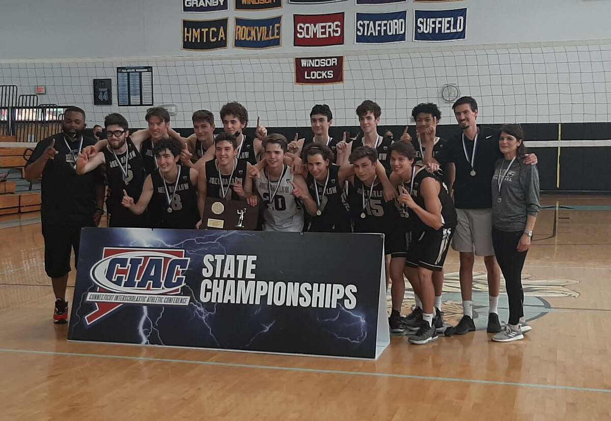 The Joel Barlow boys volleyball team celebrates after beating Newington to win the CIAC Class M championship on Thursday, June 10, 2021 at SMSA in Hartford, Conn.