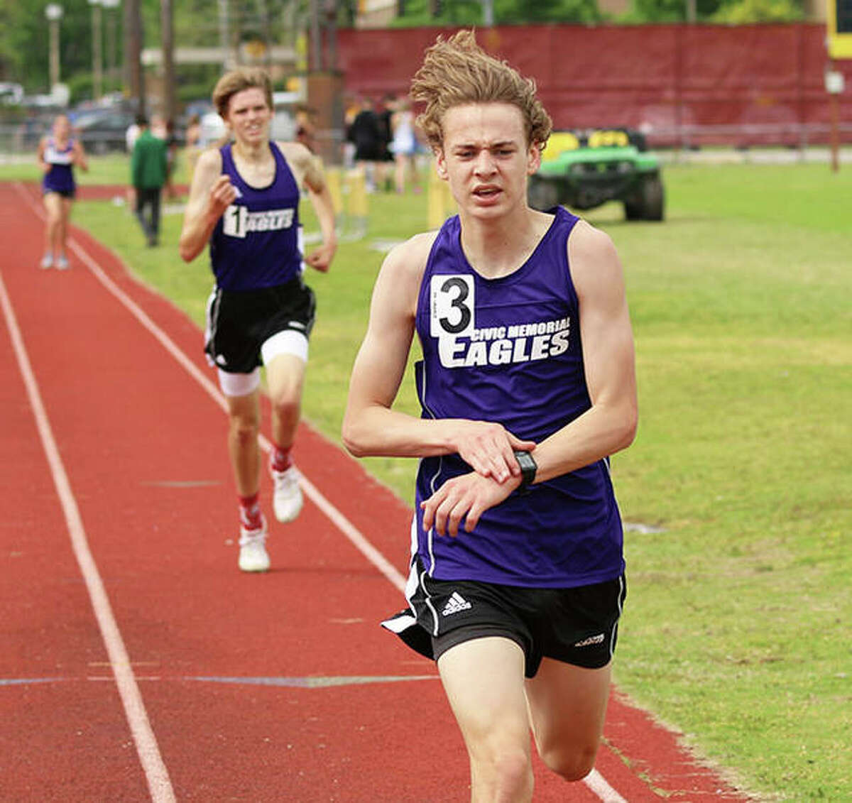 CM sophomore Jackson Collman, shown approaching the finish in a race at the Madison County Meet on May 17 in Wood River, qualified for the Class 2A state meet next week in Charleston by winning the 3,200 meters Thursday at the Lincoln Sectional.