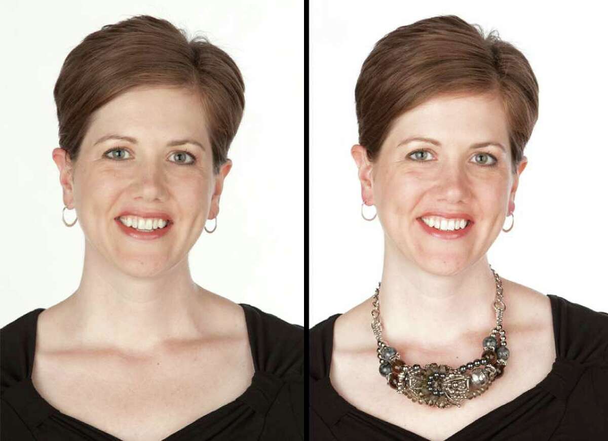 Left, GOOD: Corporate manager Julie Markham, of Southbury, is tall with an oval, slightly oblong face and a long neckline. But the earrings she often wears appear lost against her features. Right, BETTER: Paired with a statement necklace, however, the lighter earrings create a pleasing balance.