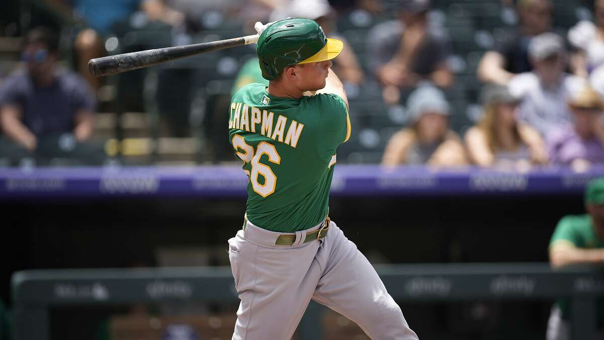 Oakland Athletics third baseman Matt Chapman (26) in the second inning of a baseball game Sunday, June 6, 2021, in Denver. (AP Photo/David Zalubowski)