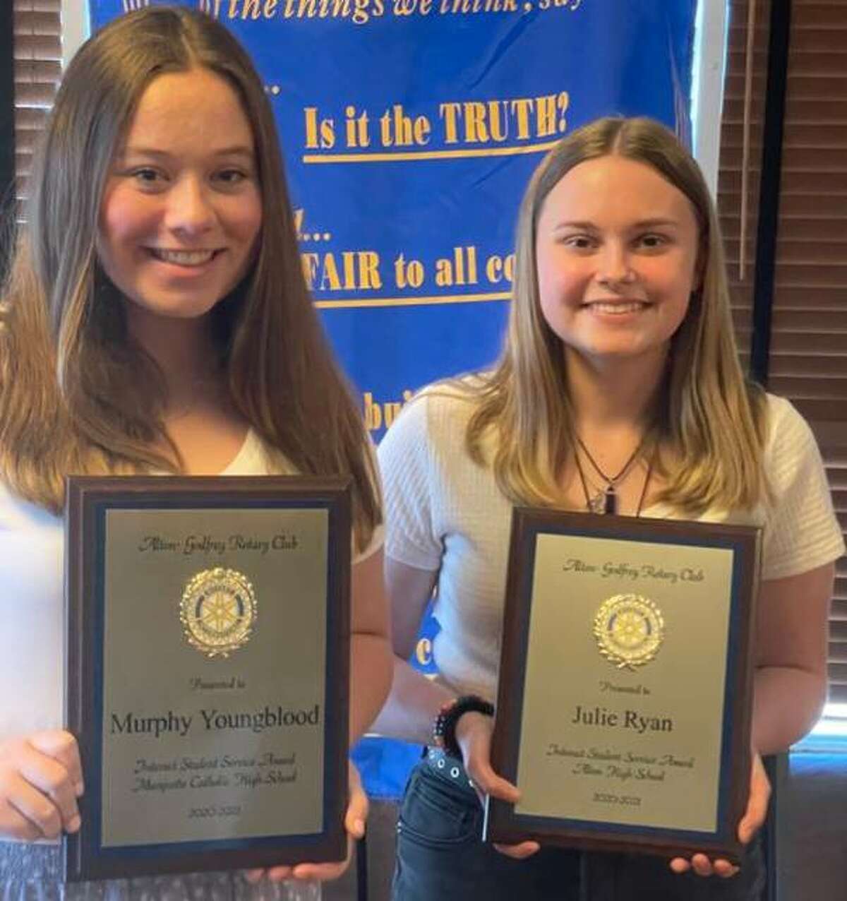 The Alton Godfrey Rotary Club Interact Club scholarship winners this year are Murphy Youngblood of Marquette Catholic High School, left, andJulie Ryan of Alton High School.