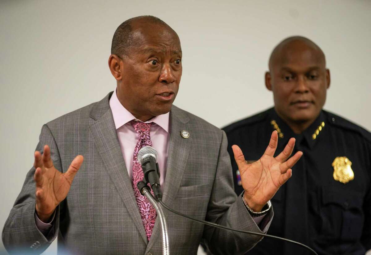 Houston council members increased funding for the police and fire departments with its 2021 budget. Mayor Sylvester Turner speaks during a press conference releasing body-worn camera footage of a May 21st officer-involved shooting at a traffic stop, Thursday, June 3, 2021, inside a conference room in HPD's downtown office in Houston.