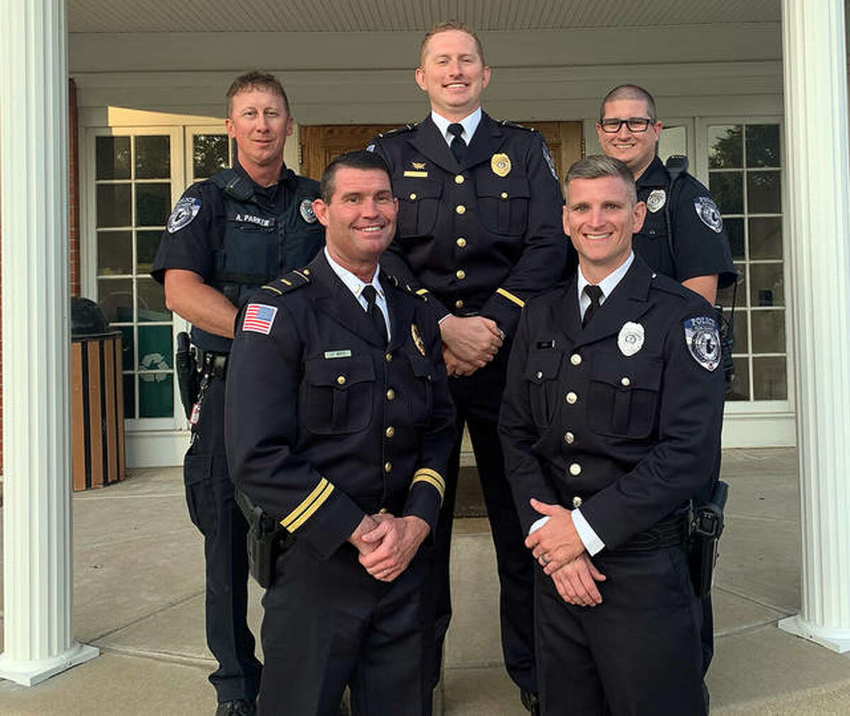 Front row, left to right, Glen Carbon Police Department’s Lt. Wayne White and Officer Ross Tyler. Middle row, left to right, Officer Gerard Spratt, Sgt. Justin Click and Officer Andrew Parker.