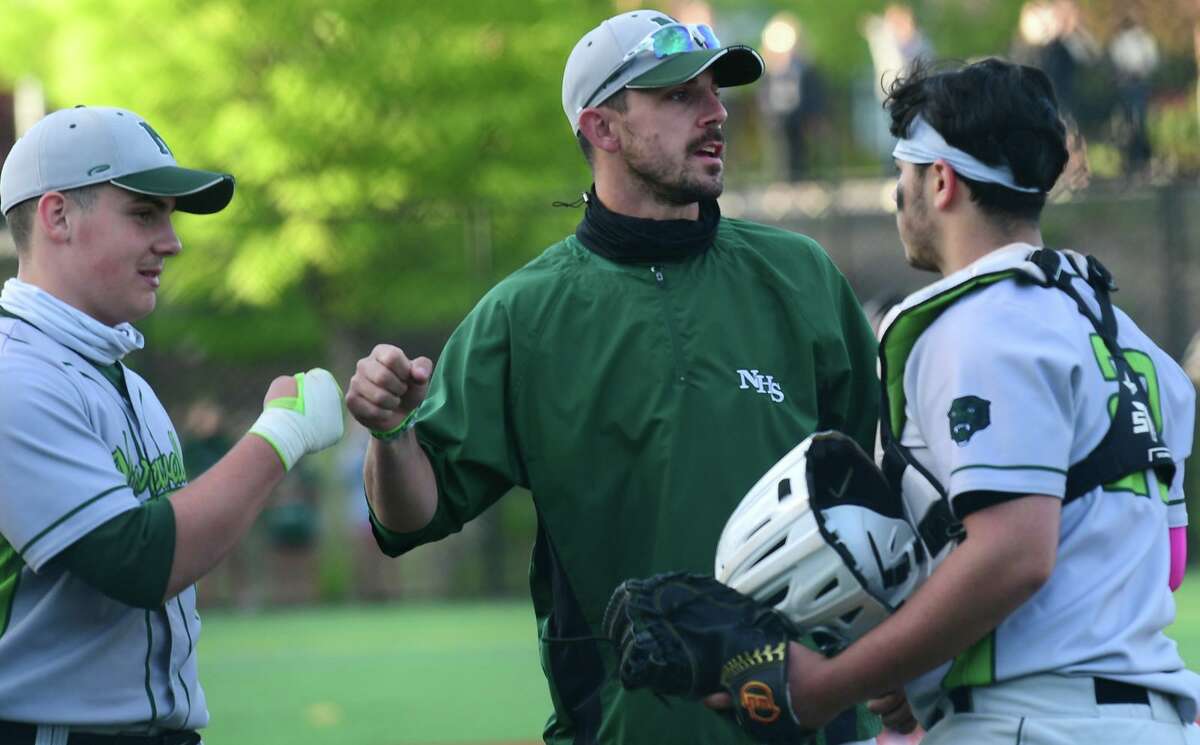 Norwalk High School Bears coach Ryan Mitchell and his team take on the Brien McMahon High School Senators in their FCIAC baseball game on May 12, 2021 at BMHS in Norwalk, Conn.