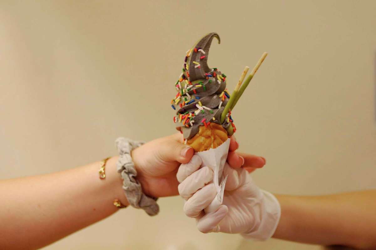 A matcha soft-serve ice cream at Uji Time, the Bay Area dessert chain that just opened in Concord.