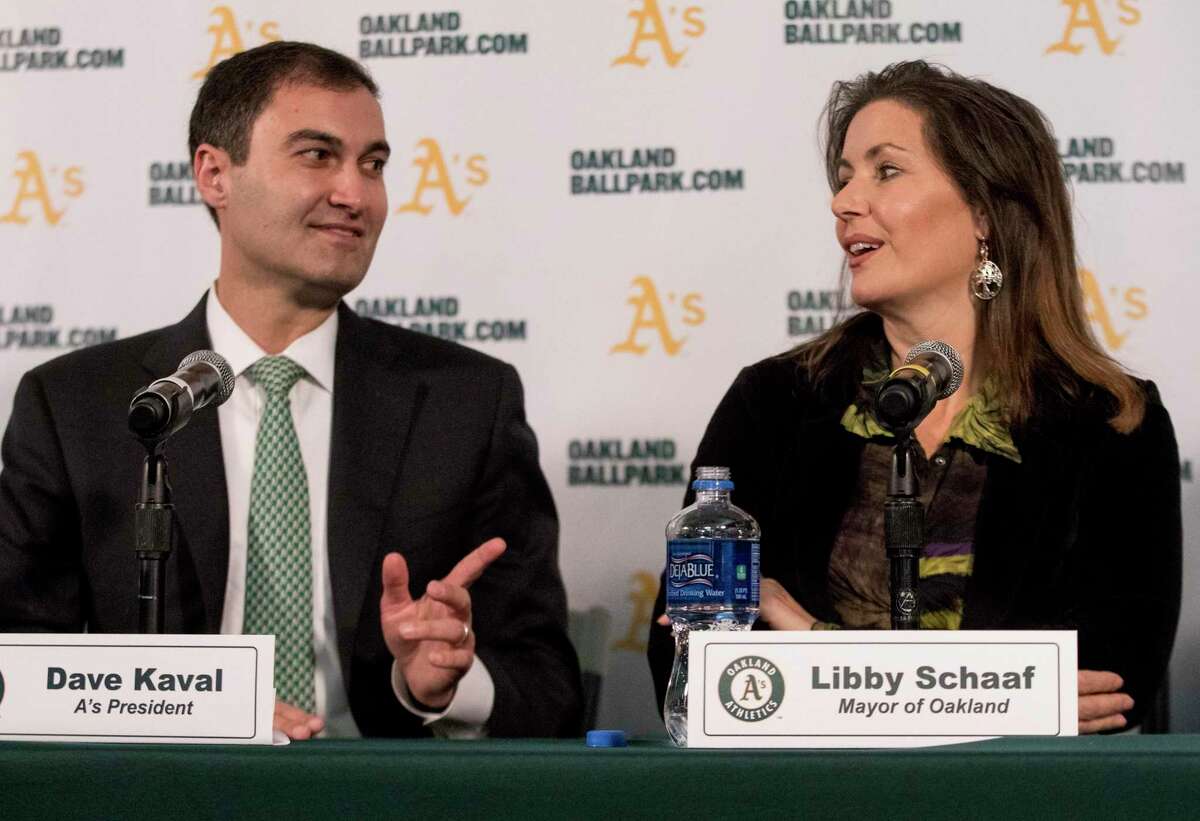 A's President Dave Kaval (left) and Oakland Mayor Libby Schaaf take questions during a press conference held at the A's corporate offices in Oakland, Calif. Wednesday, Nov. 28, 2018 announcing early plans to build a new ballpark at Howard Terminal.
