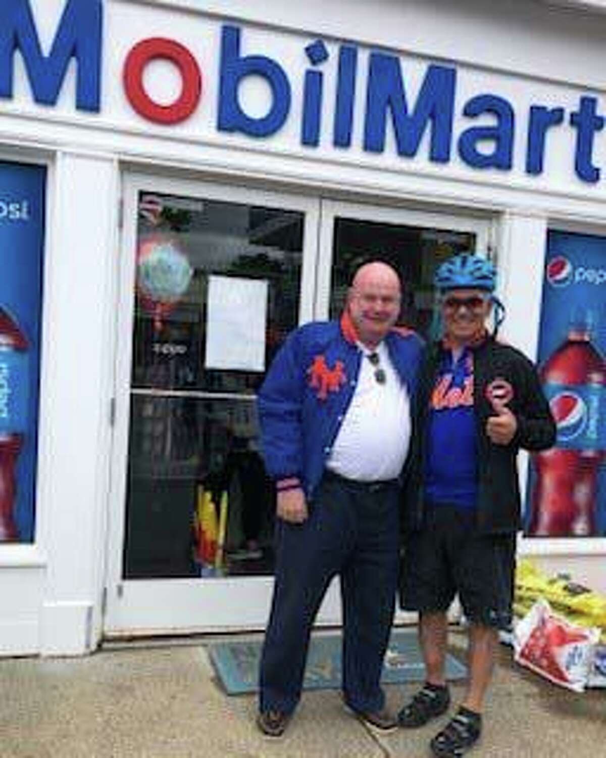 Bobby Valentine was riding his bike through New Canaan and stopped in to see Art Kean, owner of Art’s Mobil Mart/Gas on South Avenue, celebrating 46 years in business.