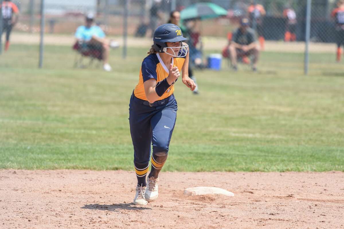 Midland's Morgan Williams heads to third base during a June 12, 2021 regional semifinal against Traverse City West. Williams had three hits, including a homer, in game one of Saturday's season-opening sweep of Traverse City Central.
