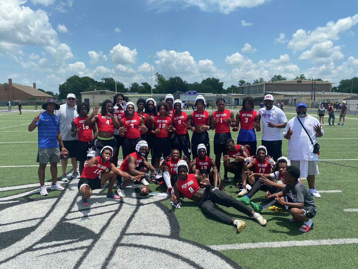 The West Brook 7-on-7 football team poses for a picture Saturday after qualifying for the state event.