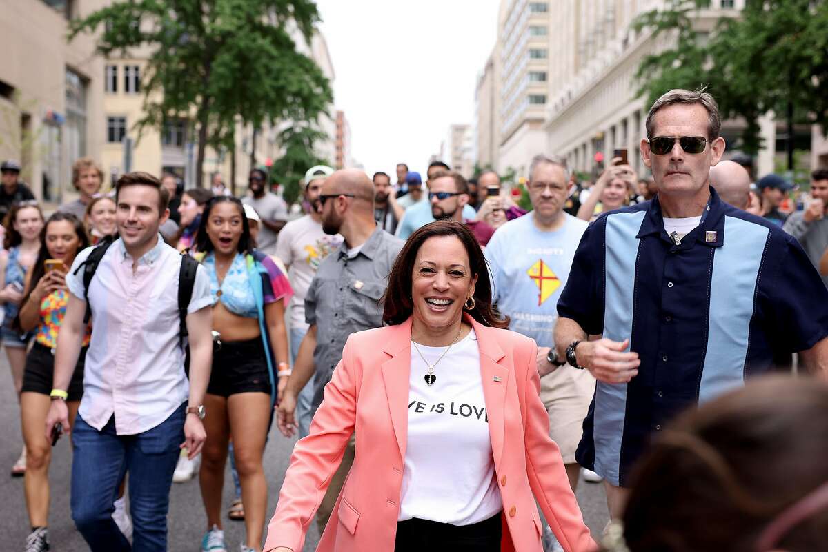 WASHINGTON, DC - JUNE 12: U.S. Vice President Kamala Harris joins marchers for the Capital Pride Parade on June 12, 2021 in Washington, DC. Capital Pride returned to Washington DC, after being canceled last year due to the Covid-19 pandemic. (Photo by Anna Moneymaker/Getty Images)