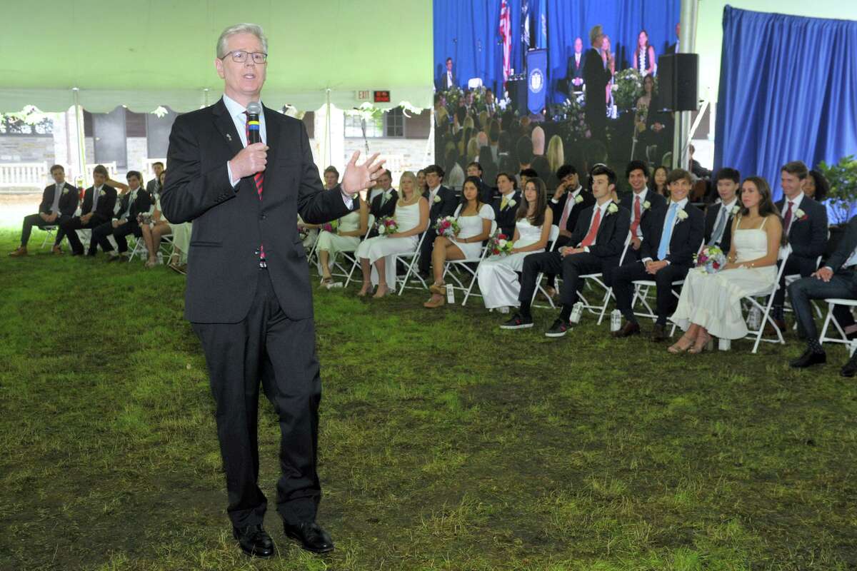 Head of School Bob Whelan speaks during commencement for Greens Farms Academy’s class of 2021, in Westport, Conn. June 10, 2021.
