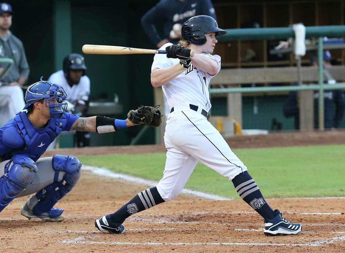 Missions’ Jack Suwinski hits a single against the Midland Rockhounds at Wolff Stadium on Tuesday, June 8, 2021. The facility was opened to full capacity seating for the first time since the pandemic.