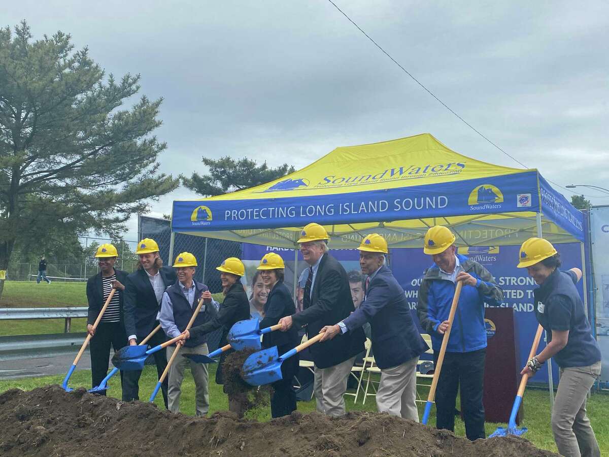 City and state officials — including Stamford Public Schools Superintendent Tamu Lucero, Mayor David Martin, Lt. Gov. Susan Biesywicz, and Gov. Ned Lamont — on Monday, June 14, 2021 shoveled the first piles of dirt for the Steve and Alexandra Cohen SoundWaters Harbor Education Center.