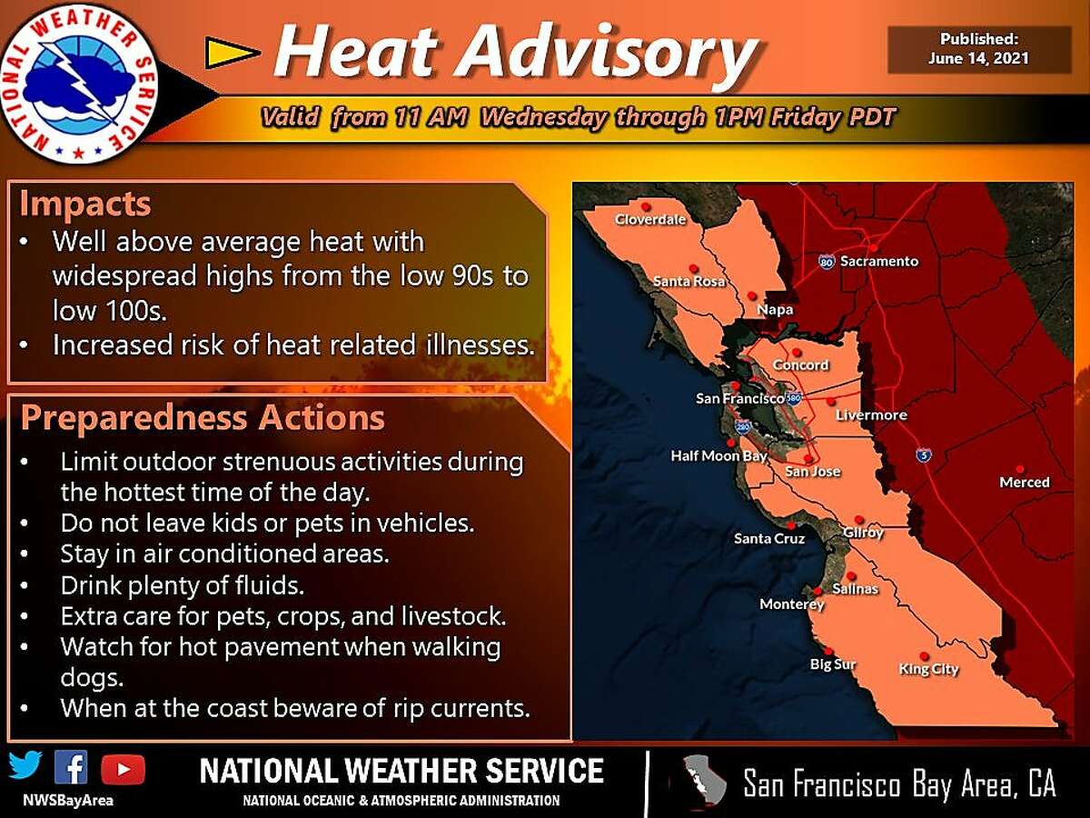 A National Weather Service graphic alerting the Bay Area to a heat advisory beginning Wednesday.