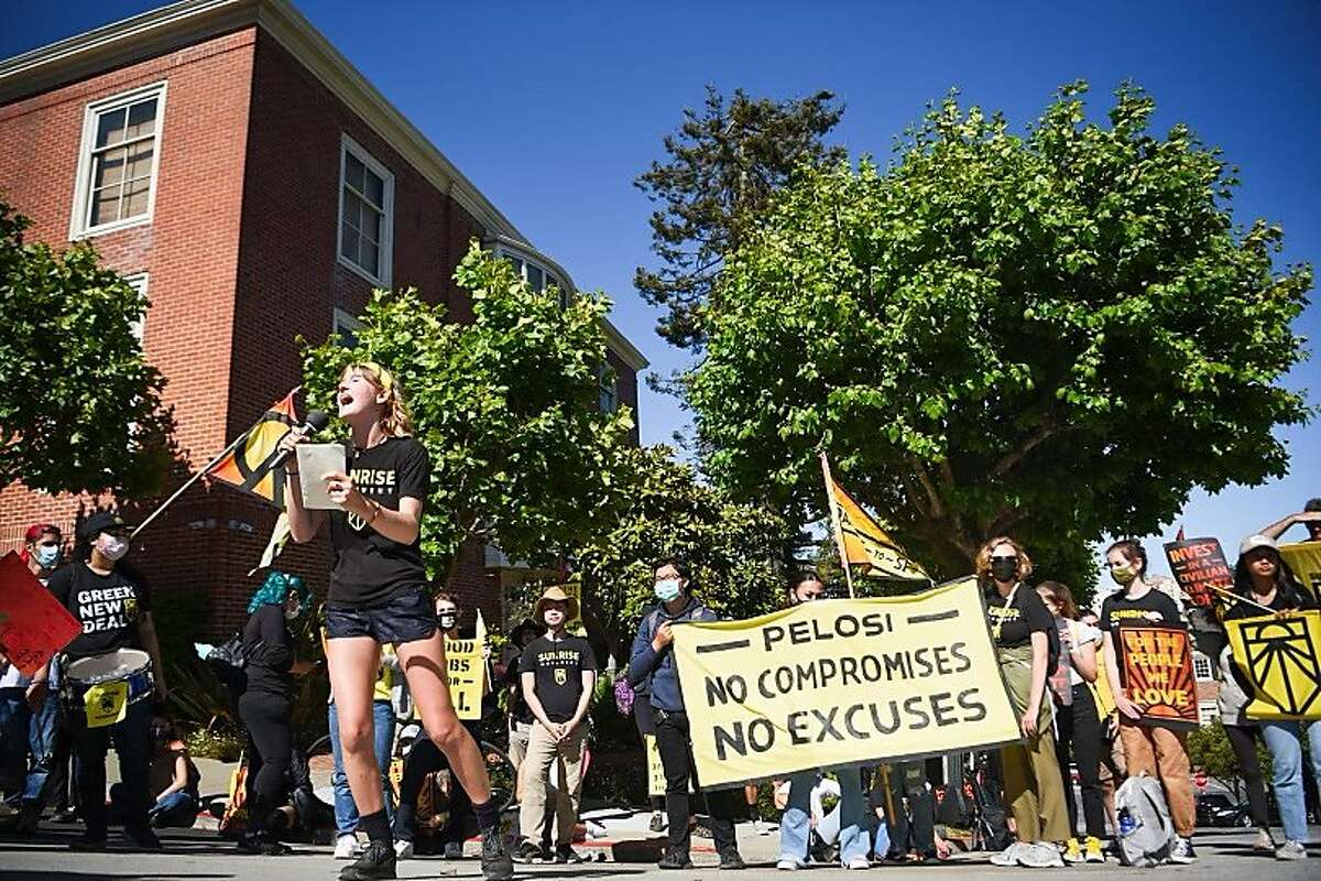 Youth climate activists marched at the San Francisco homes of Rep. Nancy Pelosi and Sen. Dianne Feinstein on Monday, June 14, 2021, calling for the creation of a civilian climate corps to combat global warming.