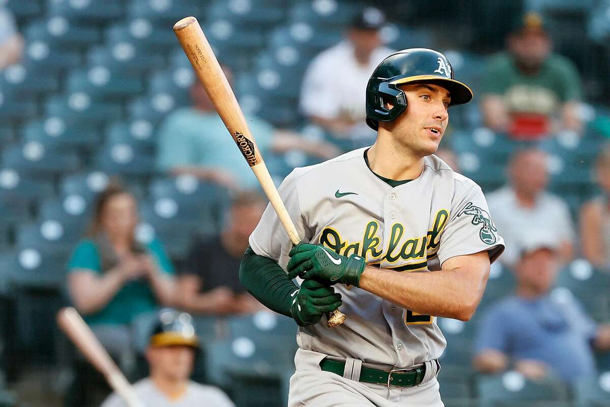 SEATTLE, WASHINGTON - JUNE 01: Matt Olson #28 of the Oakland Athletics bats during the fourth inning against the Seattle Mariners at T-Mobile Park on June 01, 2021 in Seattle, Washington. (Photo by Steph Chambers/Getty Images)
