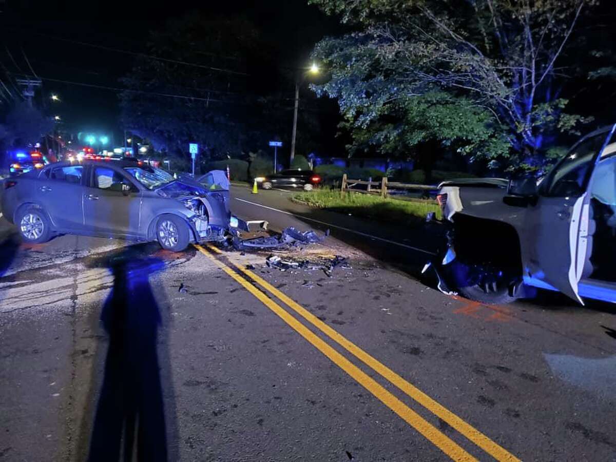 A two-vehicle collision on New Haven Road near Hazel Avenue in Naugatuck, Conn., on Monday, June 14, 2021.