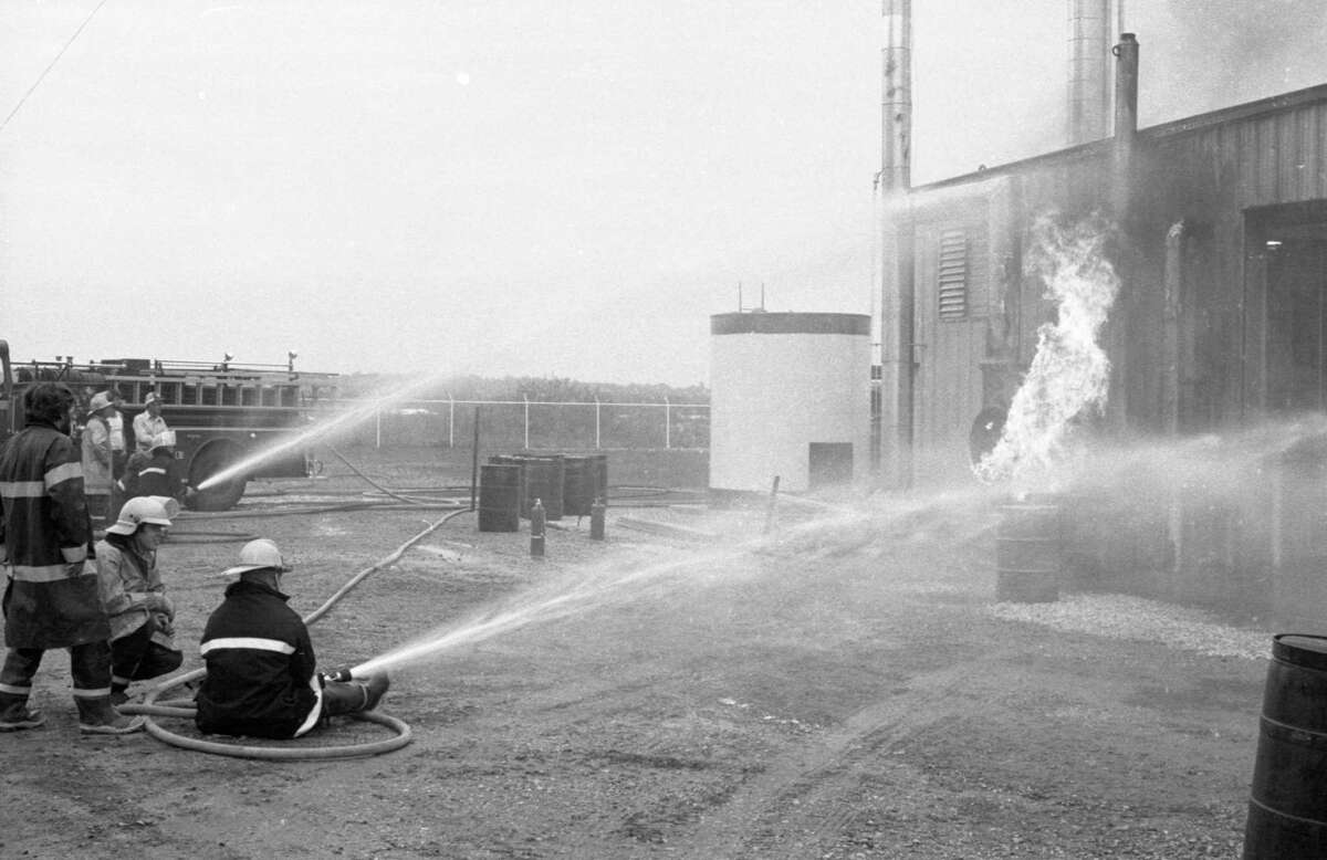 City firefighters battled a gas fire at Aztec Oil Production on North Washington Street. The photo was published in the News Advocate on June 15, 1981. (Manistee County Historical Museum photo)