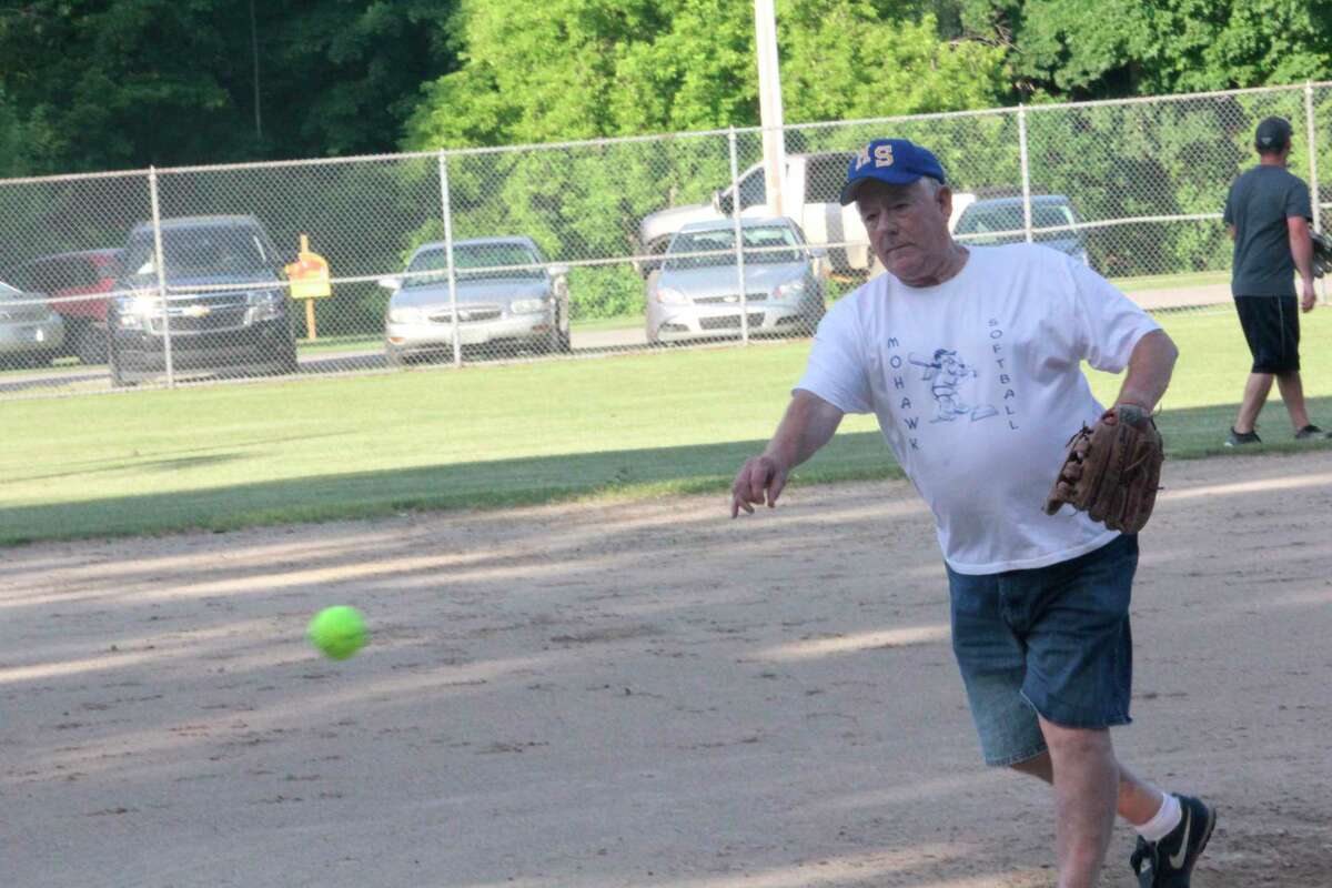 Oldtimer pitcher Bob Bulow delivers a pitch during the 2019 Fourth of July holiday game. (Pioneer file photo)