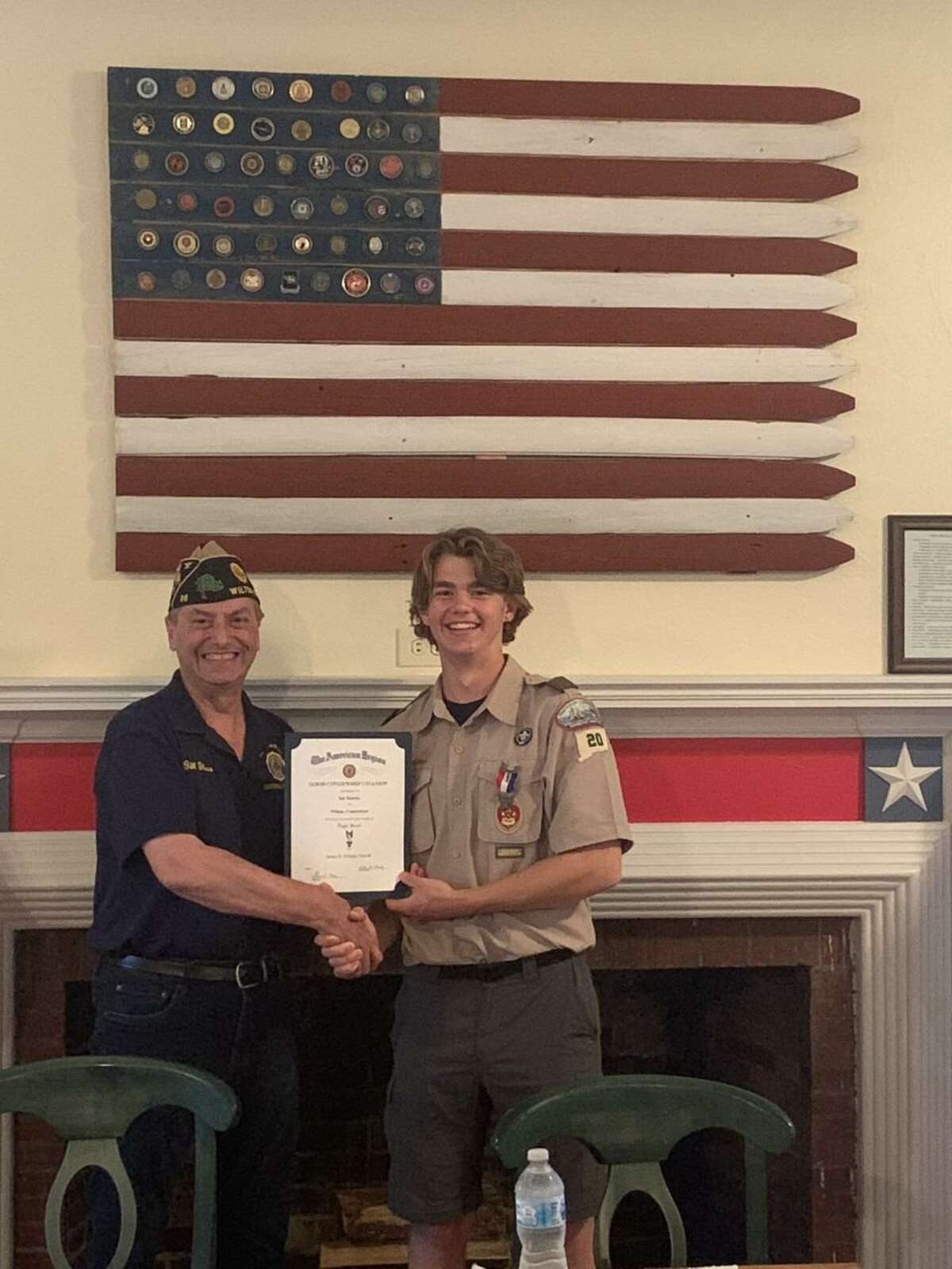 New American Legion Post 86 in Wilton officers were recently elected during the Post's regular meeting, June 8, 2021, for the Post's upcoming year, 2021-2022. At the same meeting, Wilton Troop 20 Eagle Scout Ian Kineon received The American Legion's Good Citizen Award for attaining the rank of Eagle Scout. Kineon's final project was to build the Post's Post 86 fire pit, where the members of the Post retire American Flags each year during a respectful, and solemn ceremony. The Post is sponsoring a collection of goods for the men, and women of the veterans organization, the Homes for the Brave / PFC Nicholas Madaras Homes for homeless veterans, in Bridgeport, from Saturday, July 17, through Saturday, July 24, at the Post.