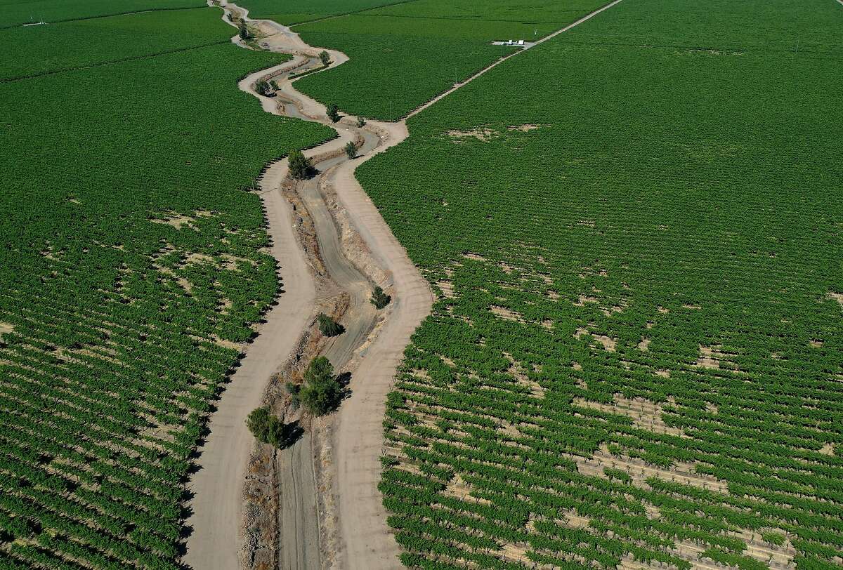 A dry irrigation canal runs between almond orchards in Madera. Central Valley farmers are facing a summer without surface water supplies.