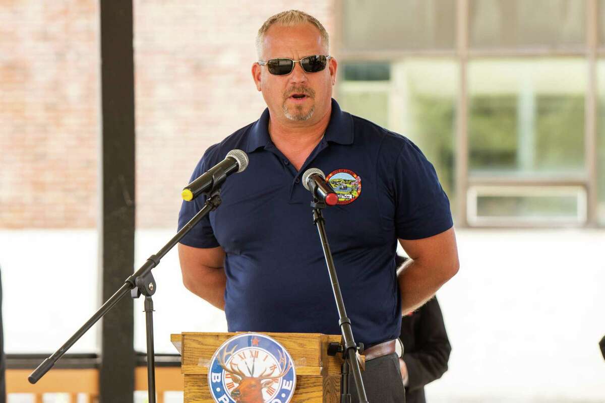 Derby Mayor Richard Dziekan speaks during the annual Flag Day ceremony on the Derby Green on June 13 2021.
