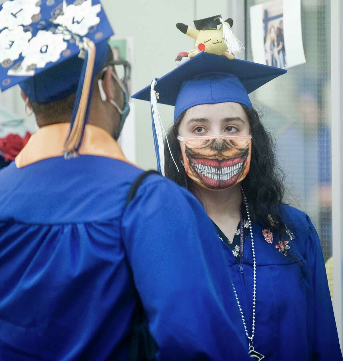 Anaeli Rivera wearing a creative mask at the Henry Abbott Technical High School graduation. Wednesday, June 16, 2021
