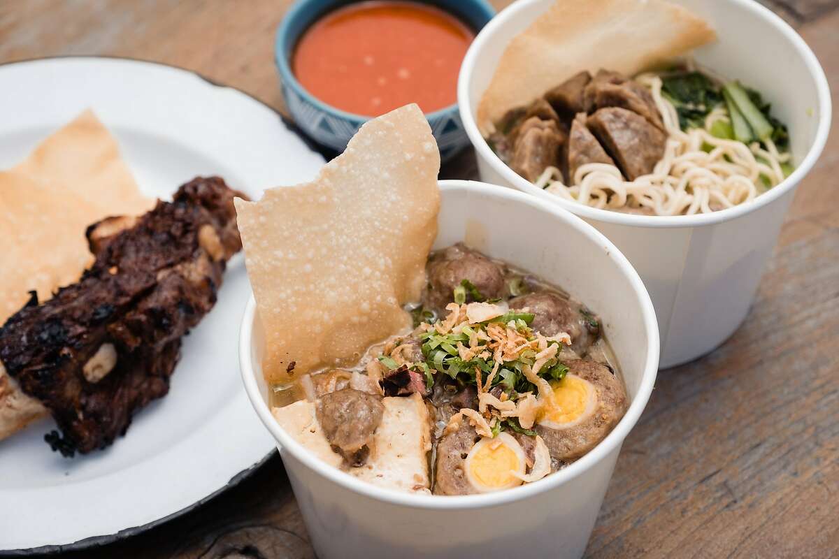 At a D’Grobak pop-up in S.F.: The signature bakso, bakso super and a sweet and spicy grilled braised beef rib.