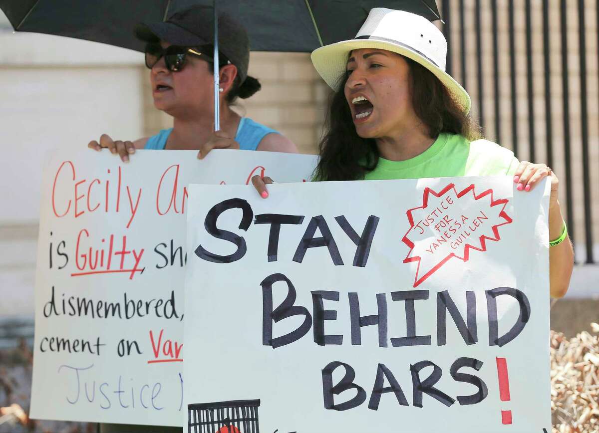 Larissa Martinez (right) and Veronica Cardona both from San Antonio join family and supporters of slain Army Spc. Vanessa Guillén at a hearing in Waco, Texas on Wednesday, June 16, 2021 for Cecily Aguilar, the girlfriend of Guillén's suspected killer, who asked a judge to suppress her confession to police that she helped hide the late Houston soldier's body after her boyfriend bludgeoned her to death. The judge rejected her motion to suppress evidence of her police statement from a potential jury. She also has a pending motion to dismiss the entire indictment. While the hearing was underway, family members and supporters stood outside the courthouse and chanted for justice for Guillén.
