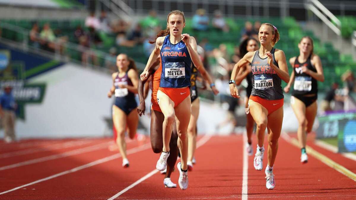 The University of Virginia’s Michaela Meyer wins the 800-meter race at the NCAA championships on Saturday, June 12, 2021 at the University of Oregon’s Hayward Field in Eugene, Ore. Meyer is a native of Southbury, Conn. and a former standout at Pomperaug High School. EUGENE, OR - JUNE 12: during the Division I Men's and Women's Outdoor Track & Field Championships held at Hayward Field on June 12, 2021 in Eugene, Oregon. (Photo by Jamie Schwaberow/NCAA Photos via Getty Images)