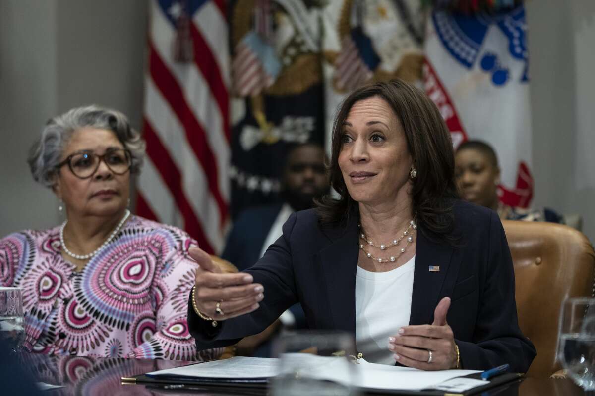 Vice President Kamala Harris speaks while meeting with Democratic members of the Texas Legislature in the Roosevelt Room of the White House June 16, 2021 in Washington D.C.