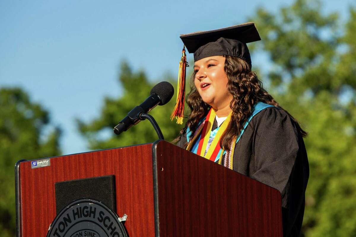 Senior Class Essayist Carly Hajducky addresses the audience at Finn Stadium during graduation for the Class of 2021 on June 16, 2021.