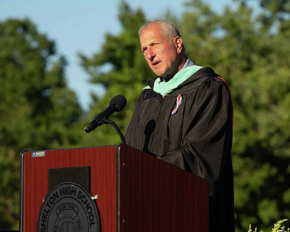 Shelton Mayor Mark Lauretti addresses the audience at Finn Stadium during graduation for the Class of 2021 on June 16, 2021.