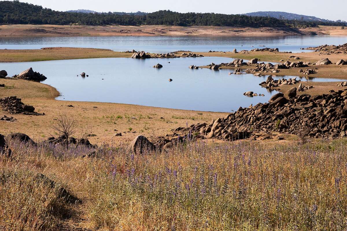 Drought-stricken Folsom Lake, where surveyors have discovered the remnants of a 1986 plane crash. The reservoir, shown here on May 5, 2021, is currently at 37 percent of normal capacity.