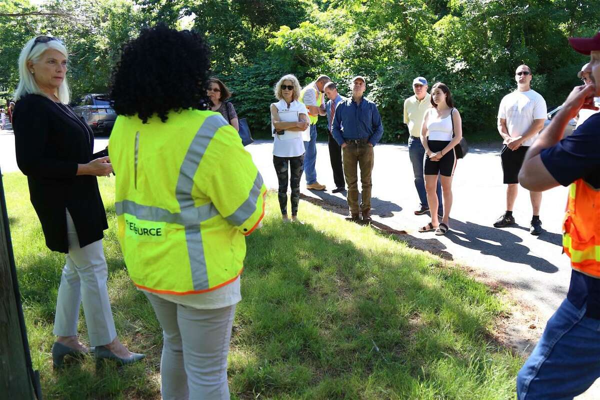 First Selectman Jayme Stevenson starts the meeting with Eversource representatives and Little Brook Road neighbors by summarizing the situation as it stands.