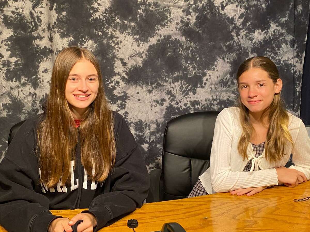Shelton students Daniella Berry, Marissa Manzo, Ethan Oko, Padin Larkin and Olivia Jansen earned the Fox61 CT Creative Futures Award for their news broadcast on Center Stage Theatre. Pictured are Berry and Jansen.