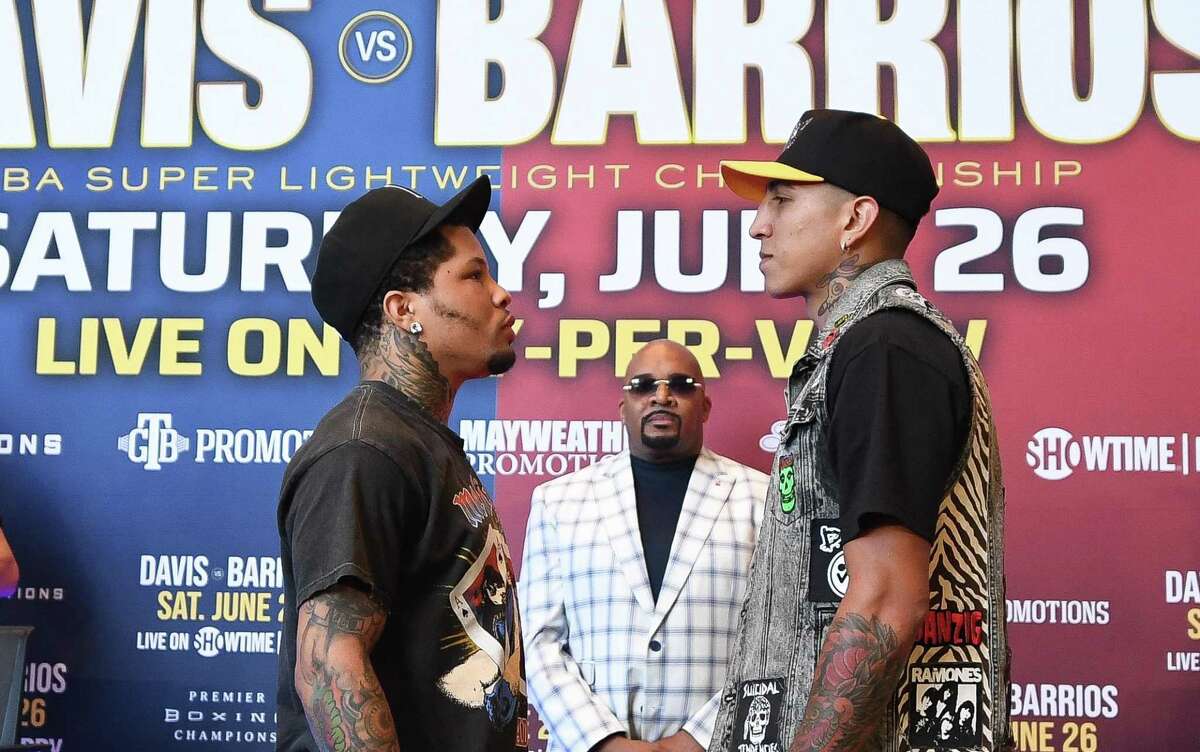 Gervonta Davis, Leonard Ellerbe and Mario Barrios attend a Press Conference for the WBA Super Lightweight Championship at State Farm Arena on May 20, 2021 in Atlanta.