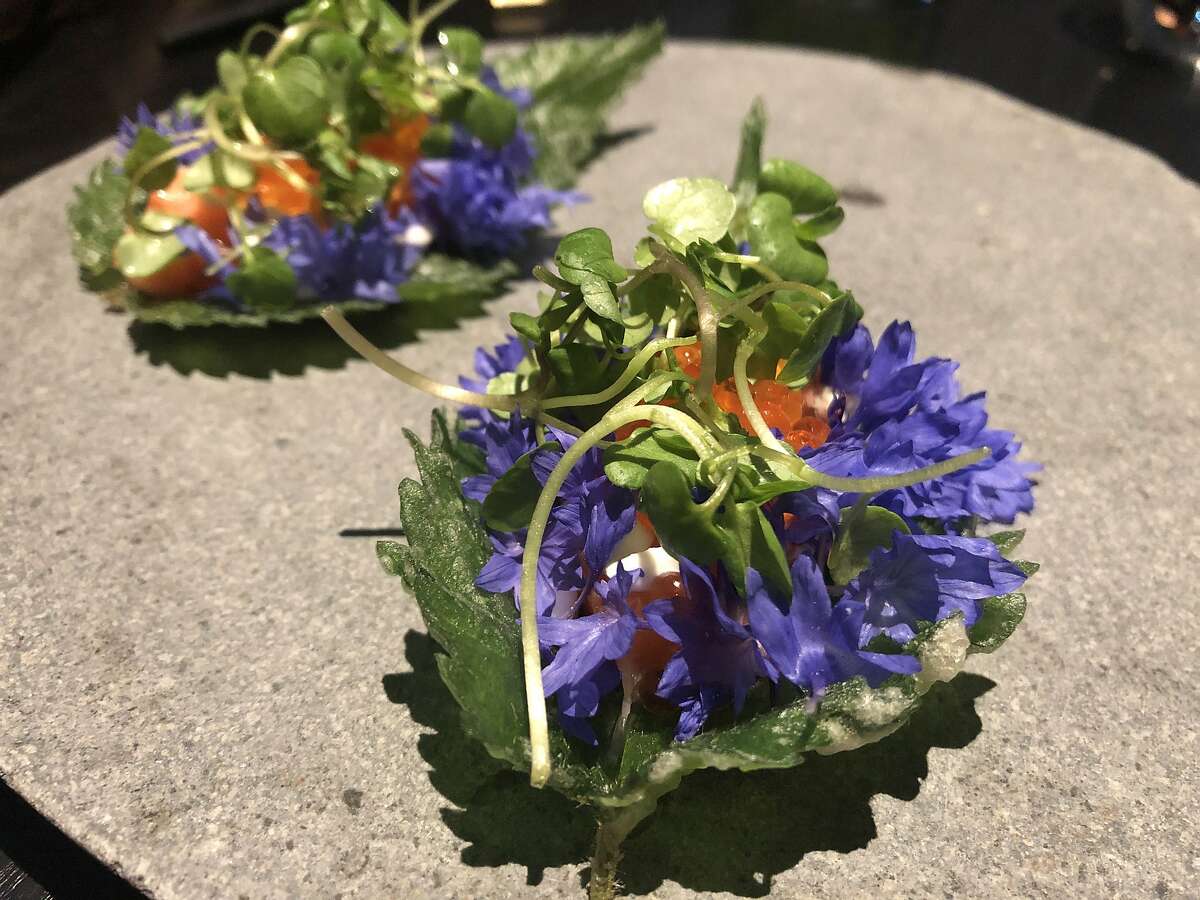 Nettle leaf tostadas with trout roe at Avery in San Francisco.