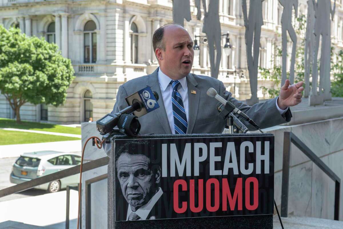 New York Republican Chairman Nick Langworthy expresses his disapproval with lawmakers for ending session and leaving town before concluding their impeachment investigation into Governor Andrew Cuomo outside the Legislative Office Building on Thursday, June 17, 2021 in Albany, N.Y. (Lori Van Buren/Times Union)