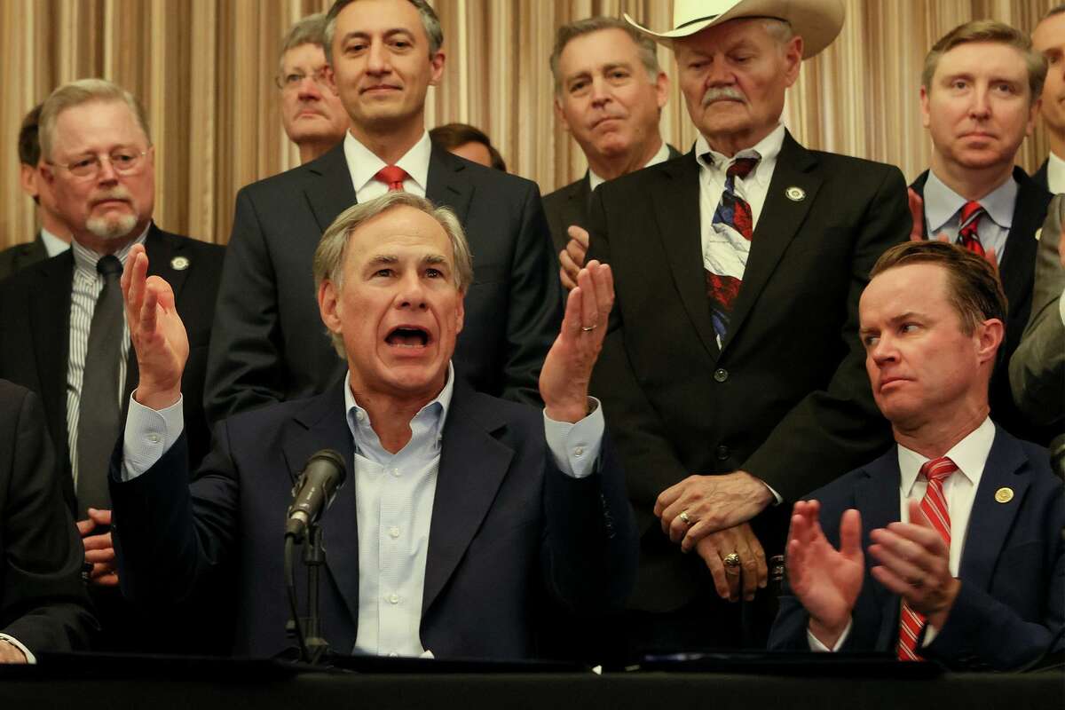 Texas Gov. Greg Abbott answers questions after signing several pieces of legislation relating to the Second Amendment in Alamo Hall at the Alamo on Thursday, June 17, 2021. The bills are scheduled to take effect on Sept. 1.