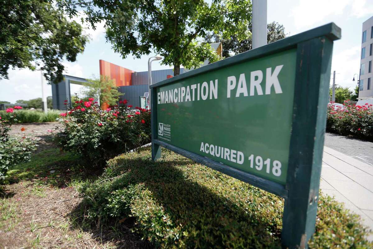 An Emancipation Park sign, Tuesday, June 8, 2021, in Third Ward, Houston. After Houston Community College participated in the 149th Juneteenth Celebration Benefiting the Emancipation Park Conservancy.