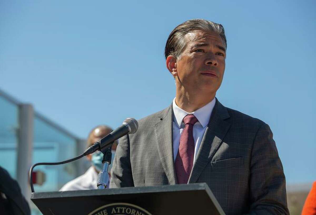 California Attorney General Rob Bonta speaks at a news conference in San Francisco on June 10. “We’re in the midst of an unprecedented wave of discrimination and bigotry in this country,” Bonta said Monday in announcing that California is adding five states it won’t send employees on official business because of anti-LGBTQ discrimination.